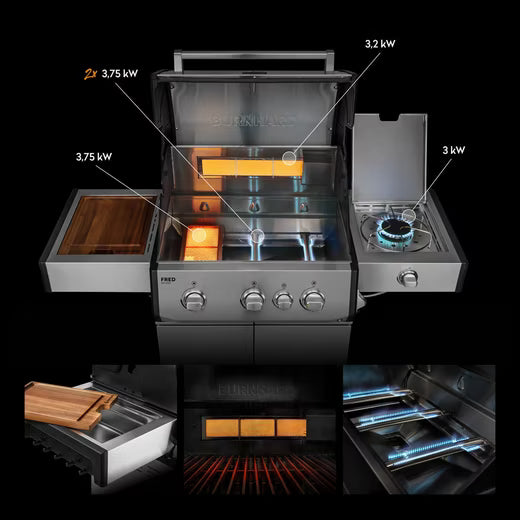 Gasgrill 3-Brenner, 2x Edelstahl-Stabbrenner, 3,75 kW, Infrarot-Keramikbrenner