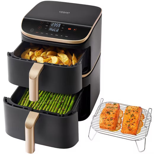 Heißluftfritteuse COSORI Turbo Tower Pro Smart Heißluftfritteuse CAF-DC123S-DDER, 10,8 L, Keramikbeschichtung, DualBlaze-Technologie, WLAN-Steuerung, Grau+Gold
